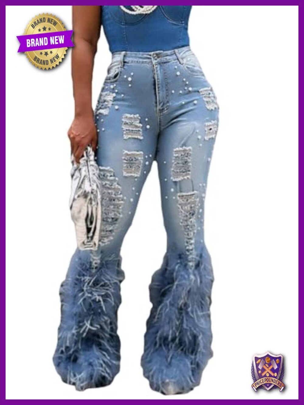 Women's High Waisted Ripped Pearl Feather Hem Bootcut Stretch Denim Jeans